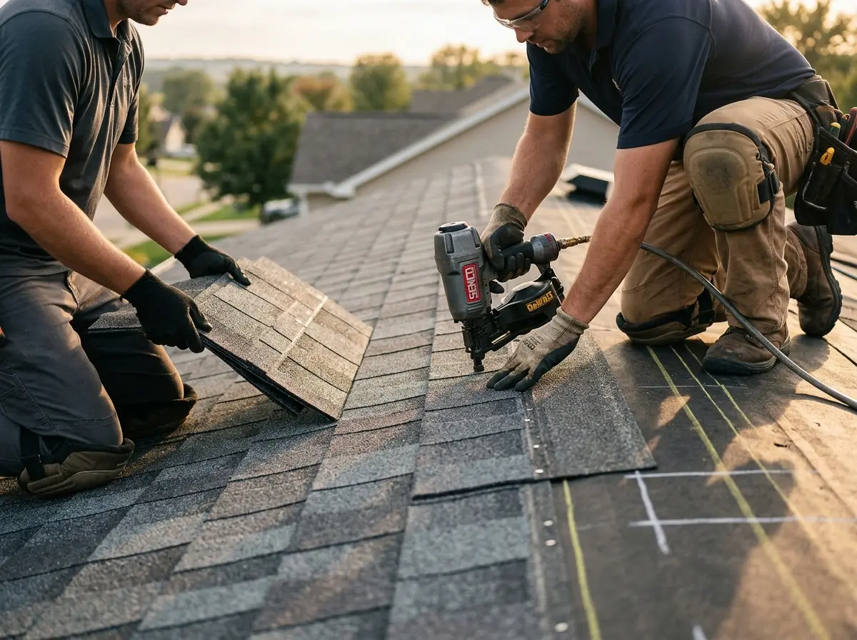 Professional roofer working on a residential roof in Leesburg